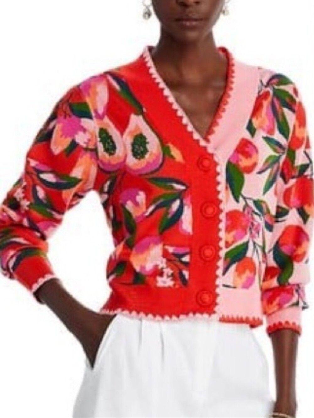 FARM RIO Mixed Papaya Knit Vibrant Red Pink Long Sleeve Cardigan Small NWOT